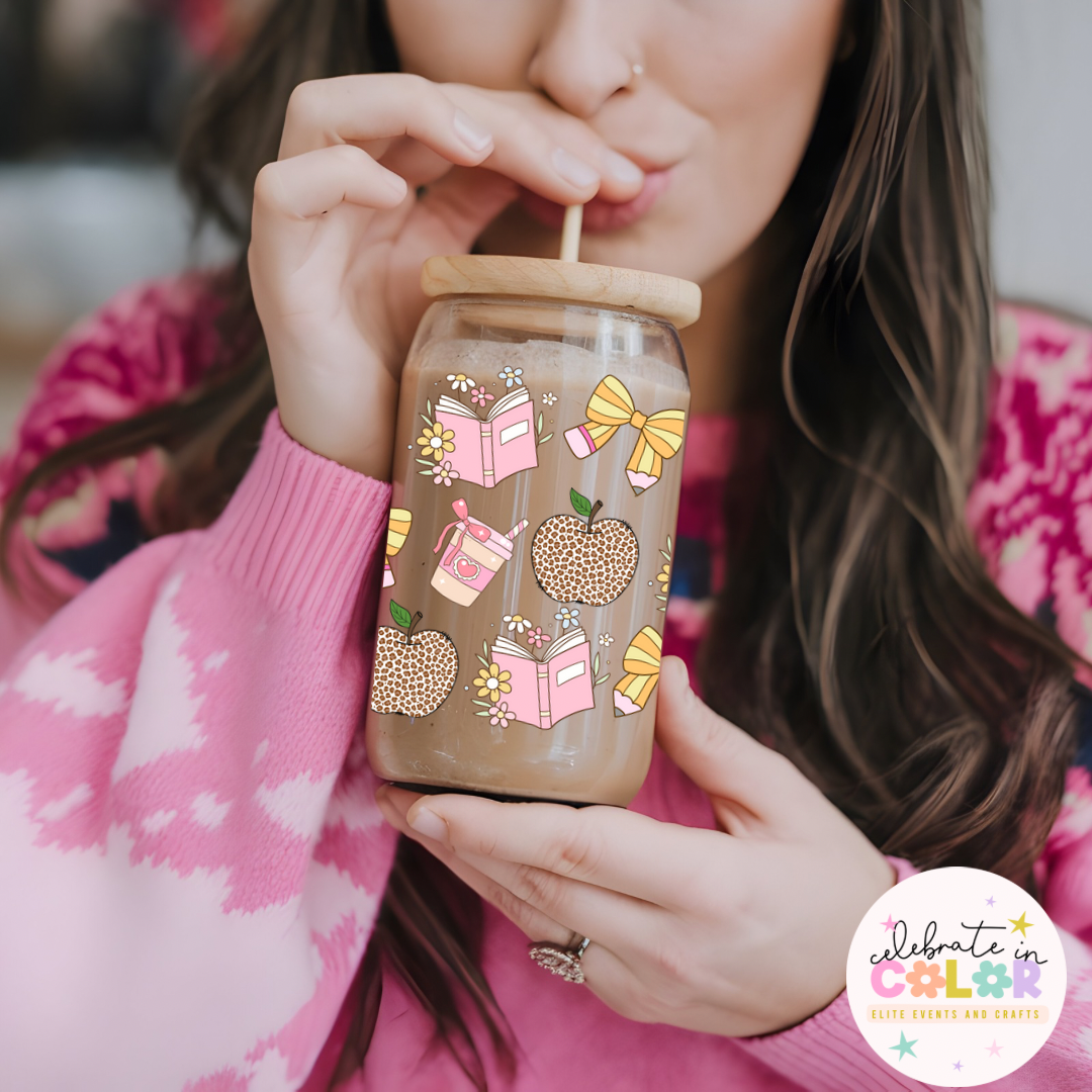 16oz Teacher Iced Coffee Cup, Pink Bow Book Apple Glass Can, Cute Back to School Gift for Teachers, Leopard Apple Tumbler with Lid