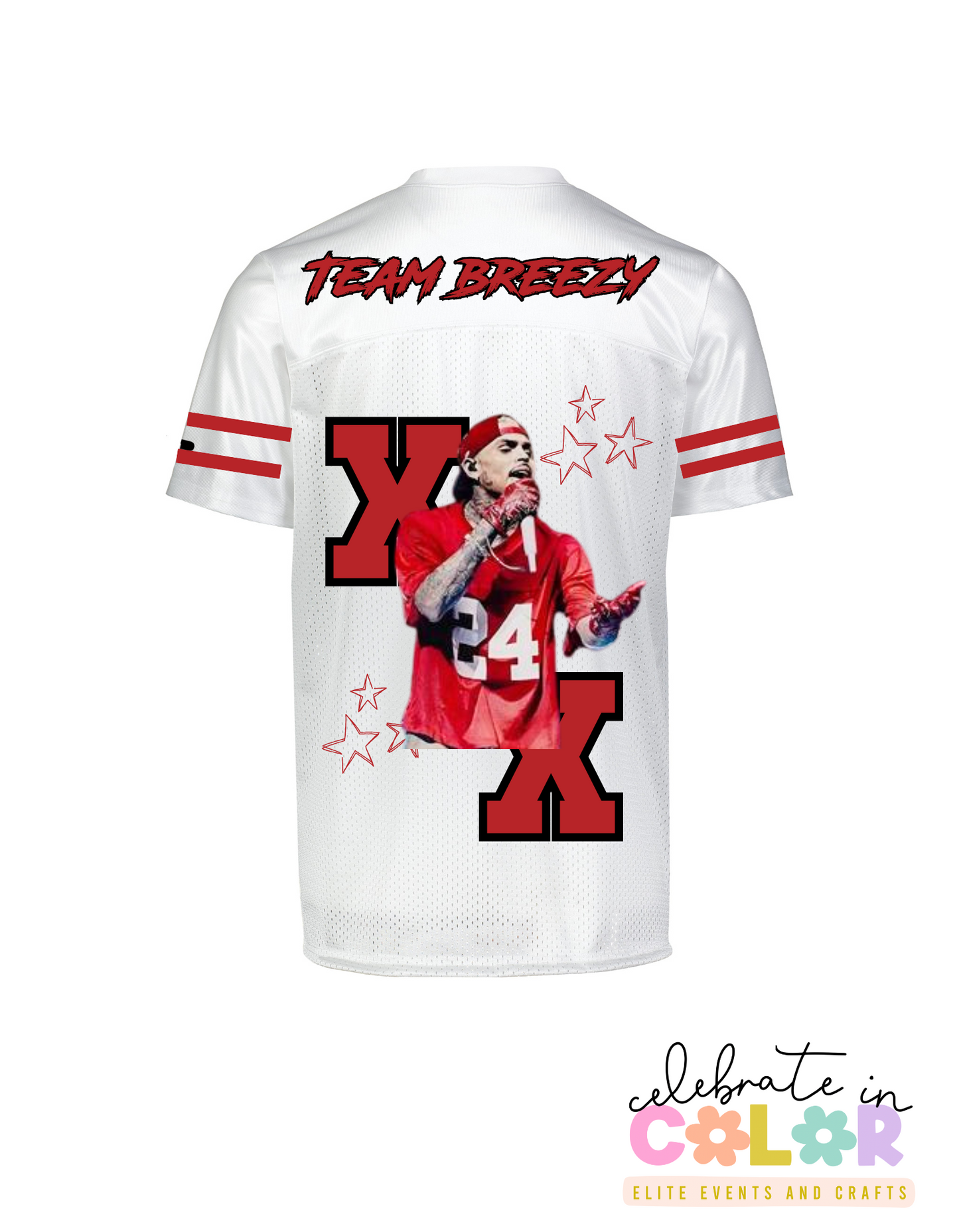 Breezy Bowl Jersey Shirt: Red & White Football Tee with Glitter