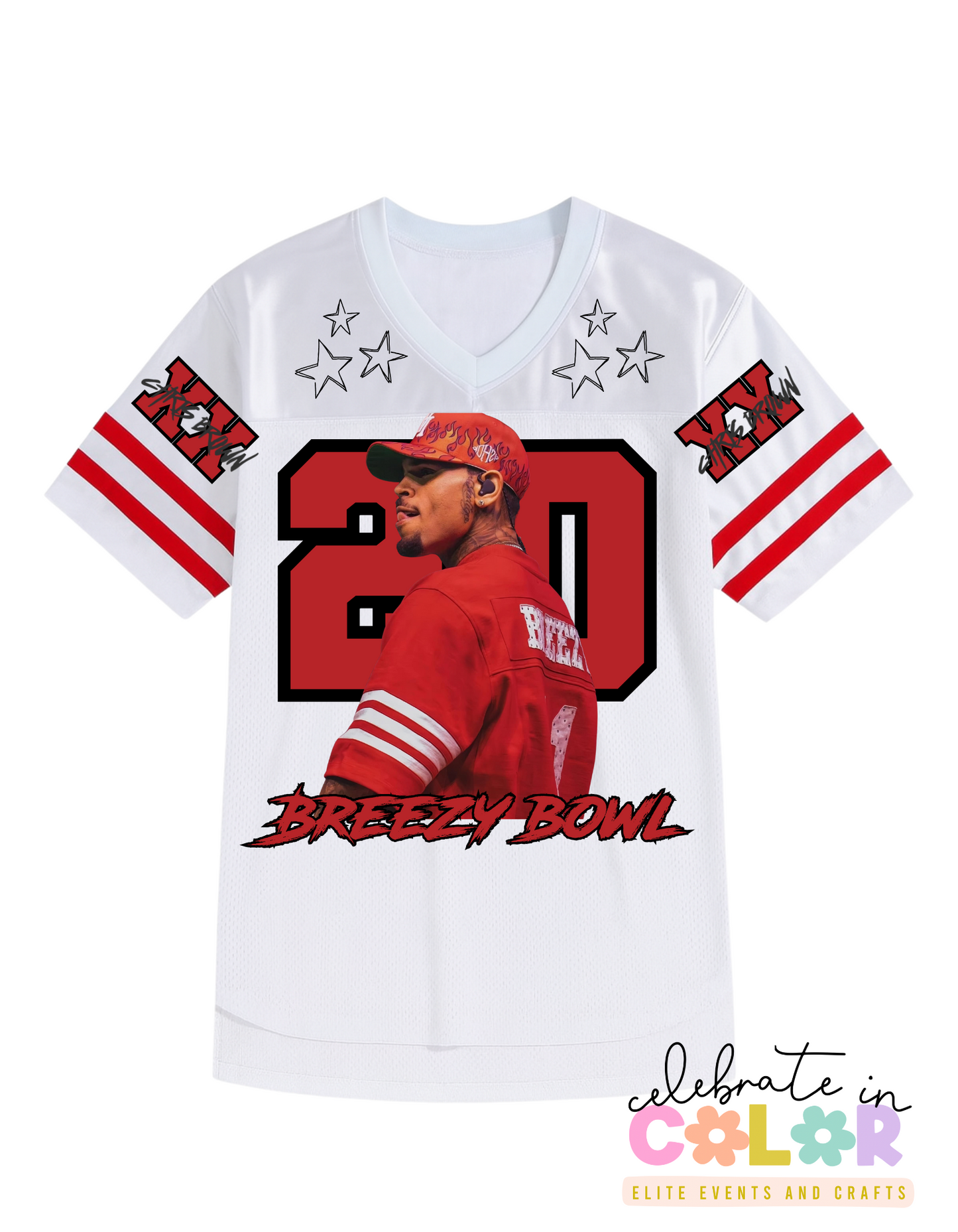 Breezy Bowl Jersey Shirt: Red & White Football Tee with Glitter