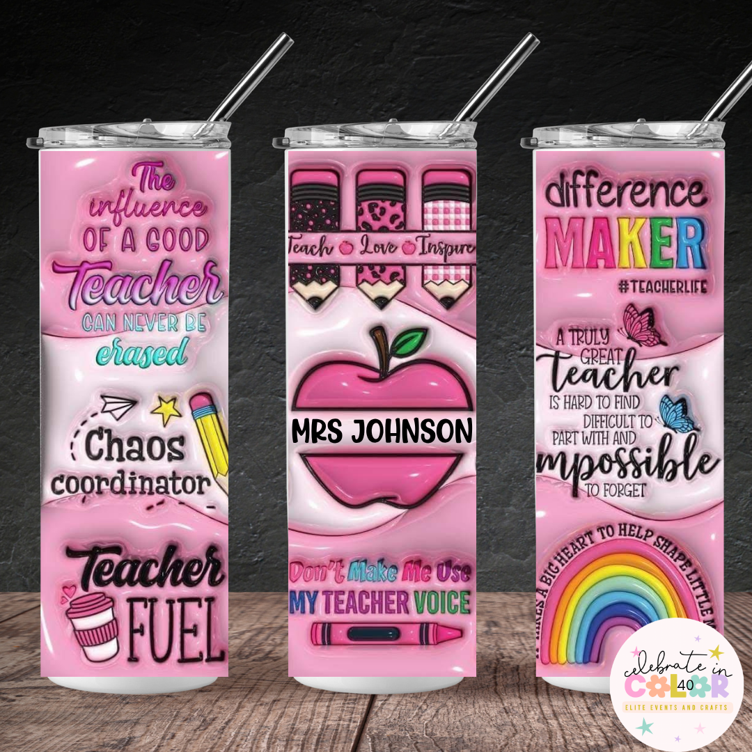 Pink Puff Teacher Tumbler – 20oz Skinny Teacher Appreciation Gift