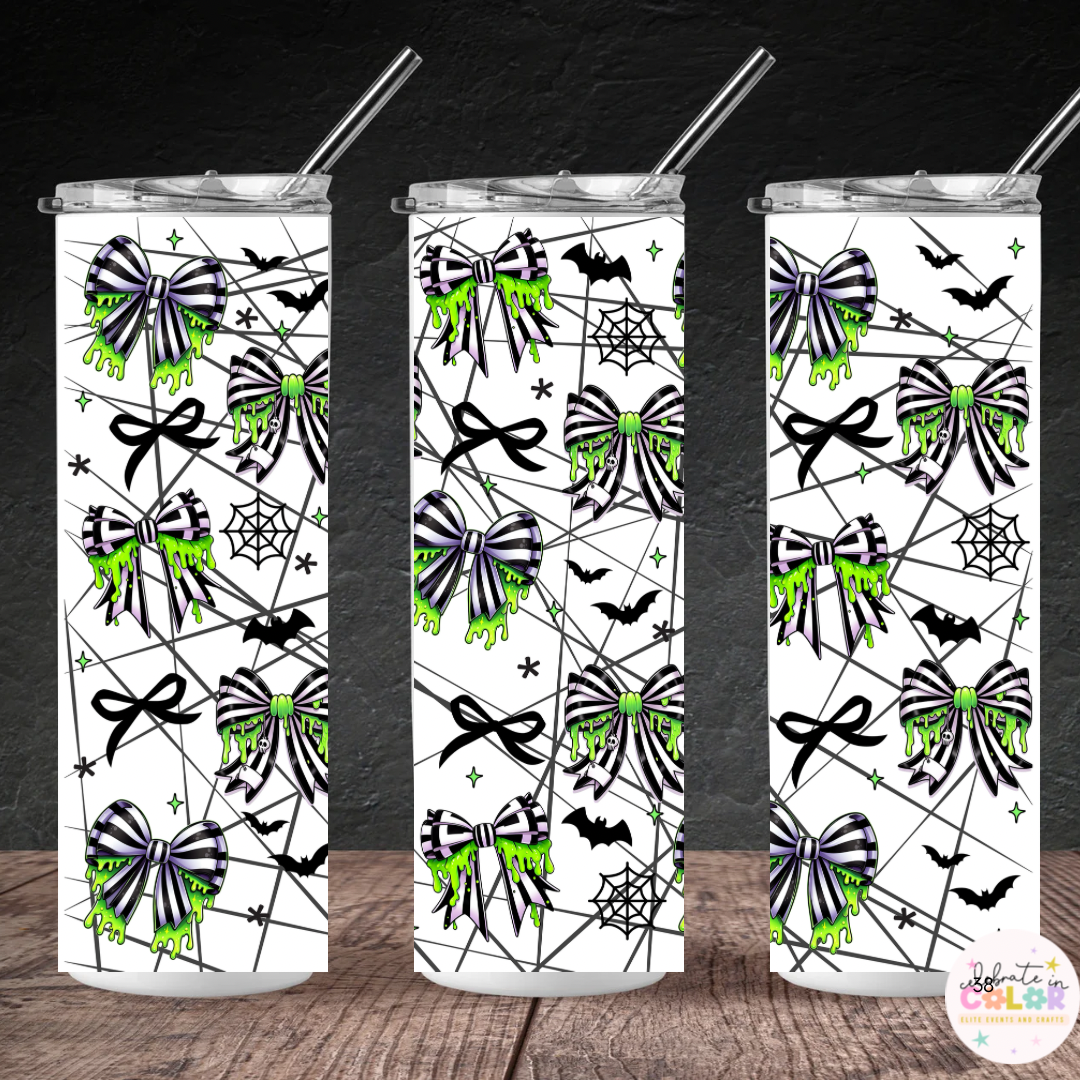 Spooky Striped Bow Tumbler, 20oz Skinny Cup with Straw, Gothic Spiderweb Drinkware, Halloween Gift for Her