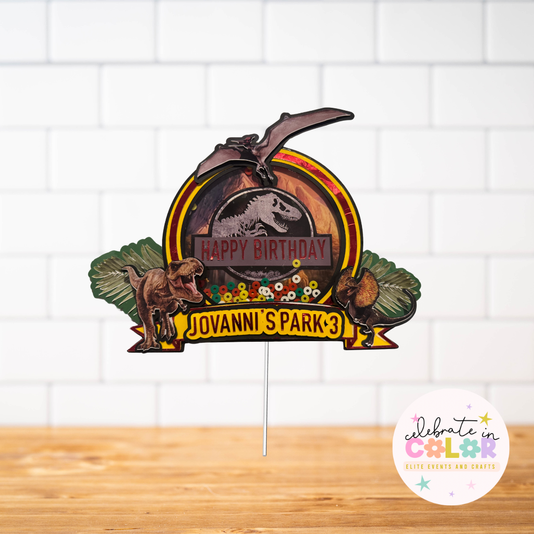 Jurassic Park Shaker Cake Topper, Dinosaur Birthday Party Decor, 3D Custom Name Topper, T-Rex Cake Topper for Boys or Girls