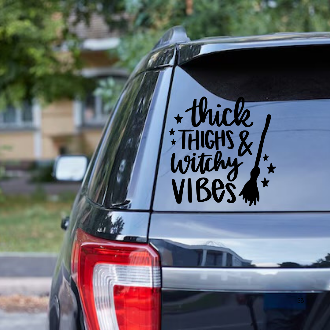 Thick Thighs and Witchy Vibes Decal, Funny Witch Vinyl Sticker, Halloween Car Decal, Curvy Girl Sticker, Spooky Vibes Window Decal