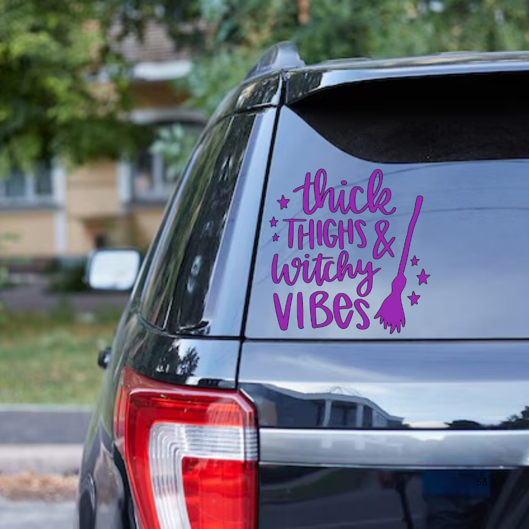 Thick Thighs and Witchy Vibes Decal, Funny Witch Vinyl Sticker, Halloween Car Decal, Curvy Girl Sticker, Spooky Vibes Window Decal