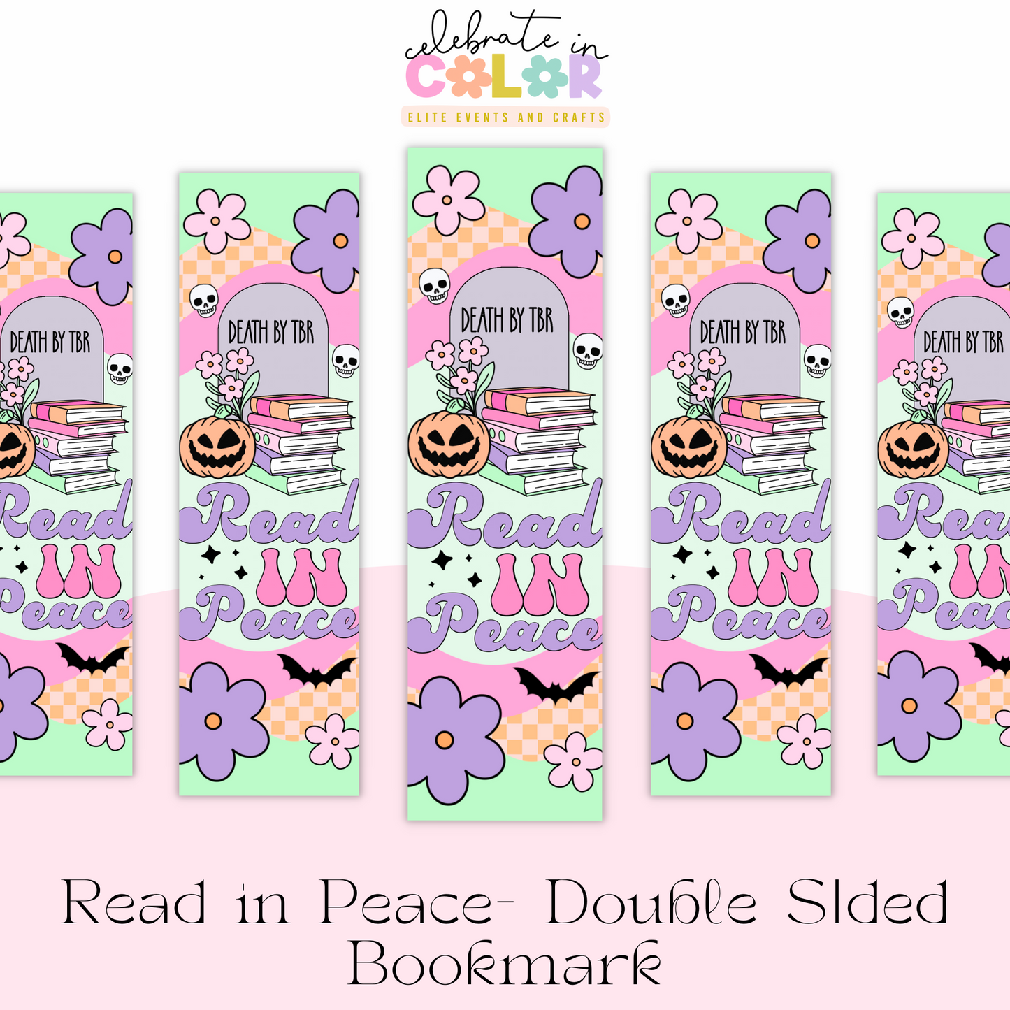 Read in Peace Halloween Bookmark, Double Sided Sublimation Book Accessory, Pastel Goth Skull TBR Gift, Cute Spooky Reading Bookmark