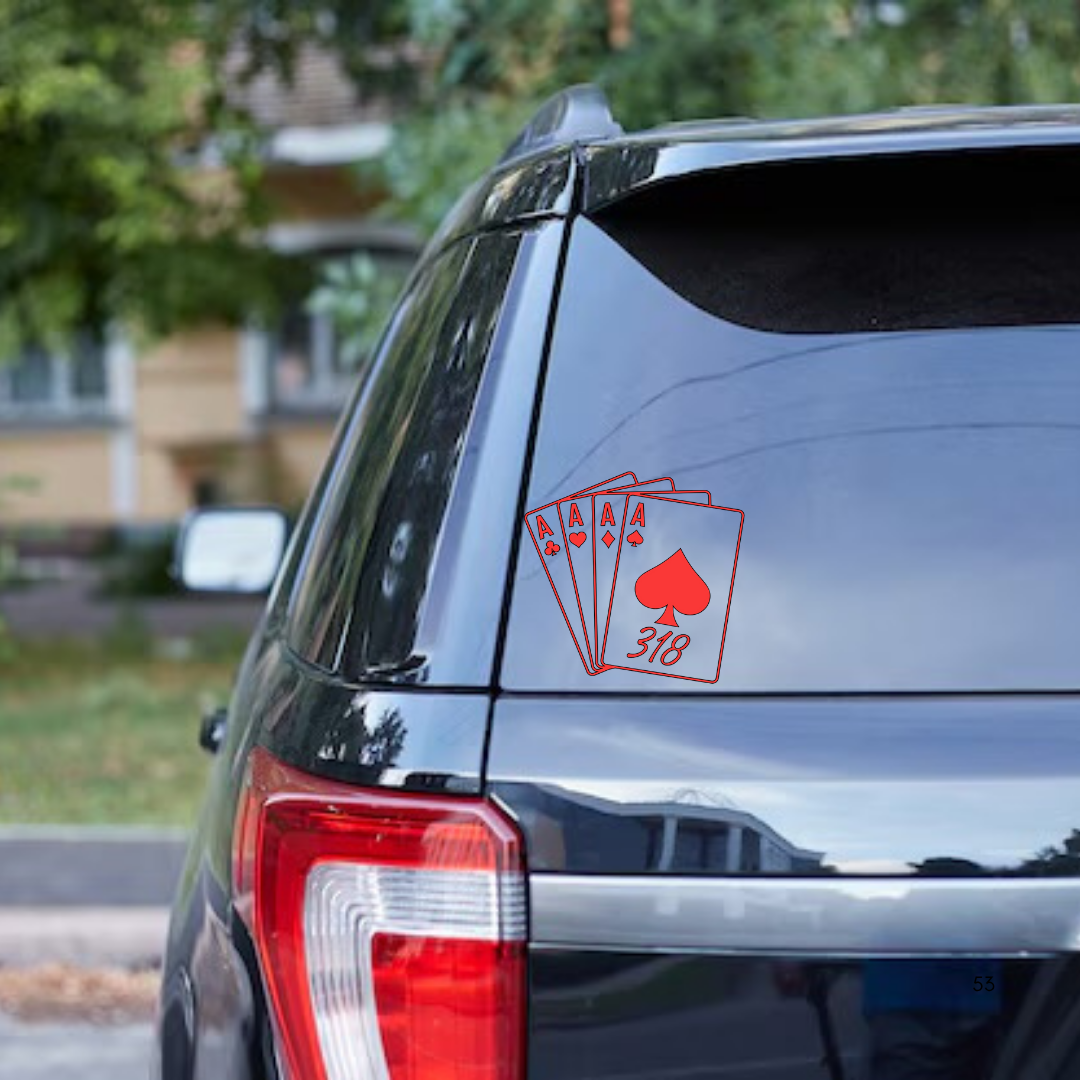 Four Aces Car Decal, Poker Spade 318 Sticker, Red Playing Card Car Window Decal, Gambler Gift, Louisiana Area Code Sticker
