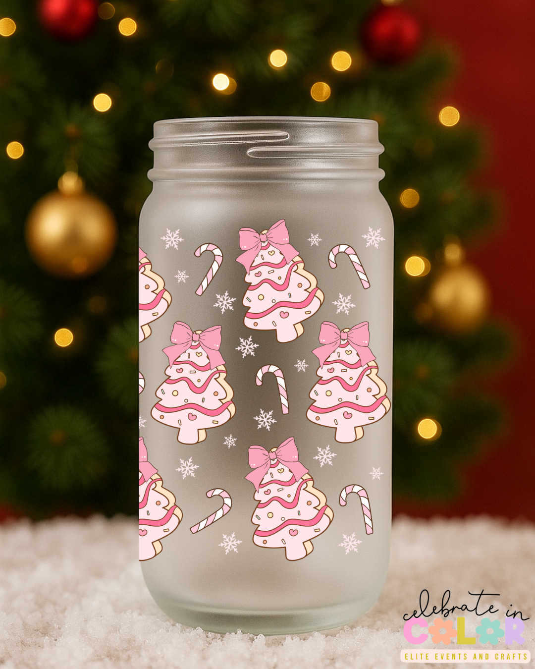 Pink Christmas Tree Libbey Cup – 16oz Frosted Glass with Bamboo Lid & Straw