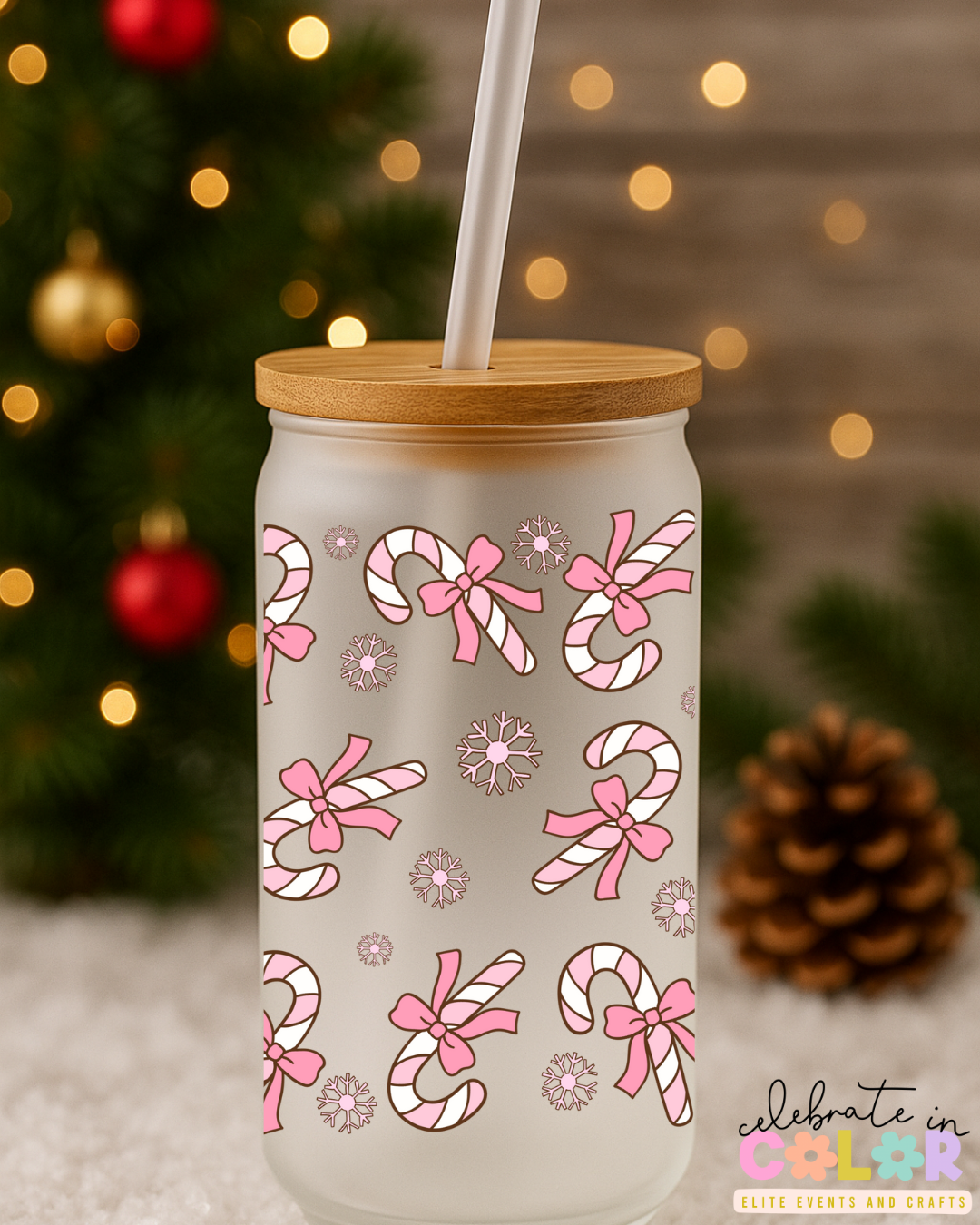 Pink Candy Cane Libbey Cup, 16oz Frosted Glass, Christmas Holiday Drinkware, Cute Pink Bow Mug, Holiday Gift for Her
