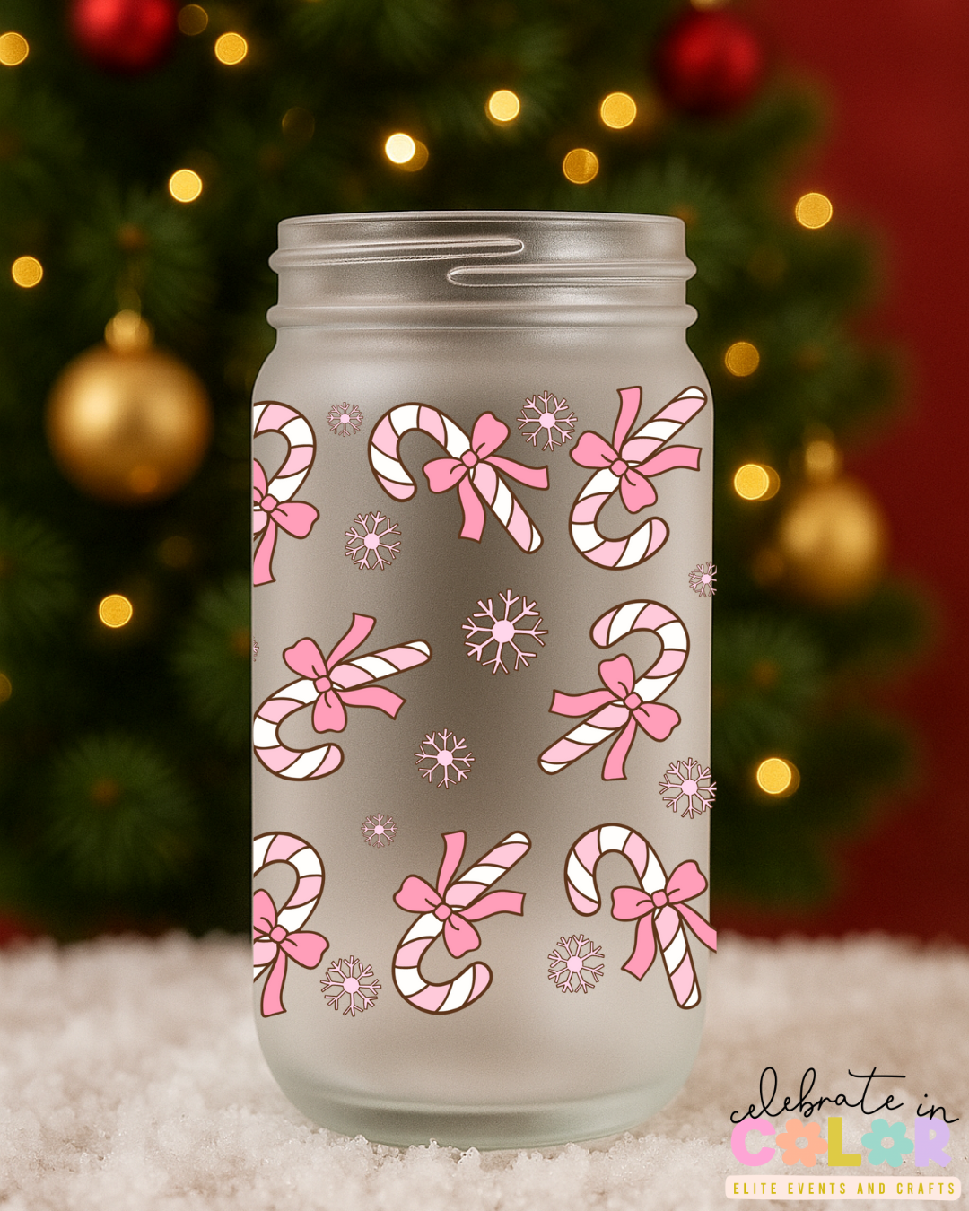 Pink Candy Cane Libbey Cup, 16oz Frosted Glass, Christmas Holiday Drinkware, Cute Pink Bow Mug, Holiday Gift for Her