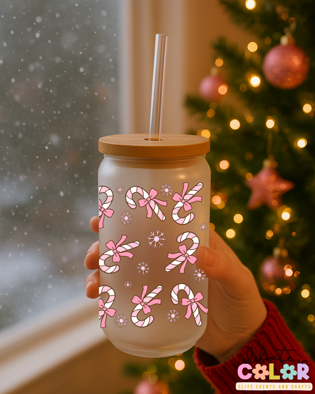 Pink Candy Cane Libbey Cup, 16oz Frosted Glass, Christmas Holiday Drinkware, Cute Pink Bow Mug, Holiday Gift for Her