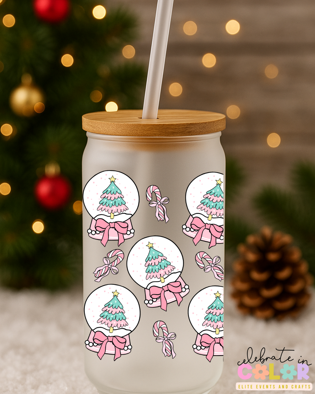 Pink Christmas Tree Snow Globe Libbey Cup, 16oz Frosted Glass with Bamboo Lid & Straw, Cute Holiday Gift for Her, Pink Christmas Drinkware