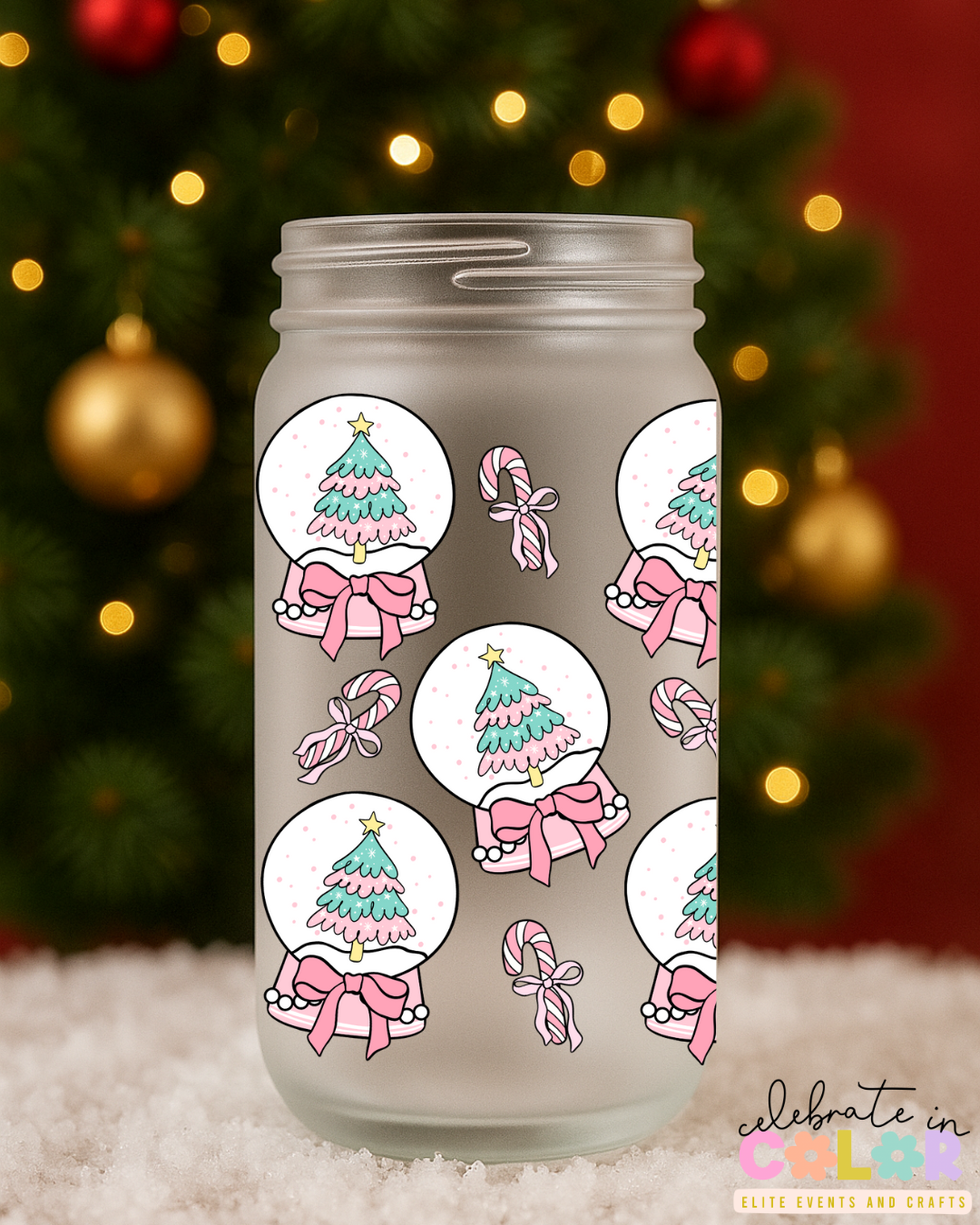Pink Christmas Tree Snow Globe Libbey Cup, 16oz Frosted Glass with Bamboo Lid & Straw, Cute Holiday Gift for Her, Pink Christmas Drinkware