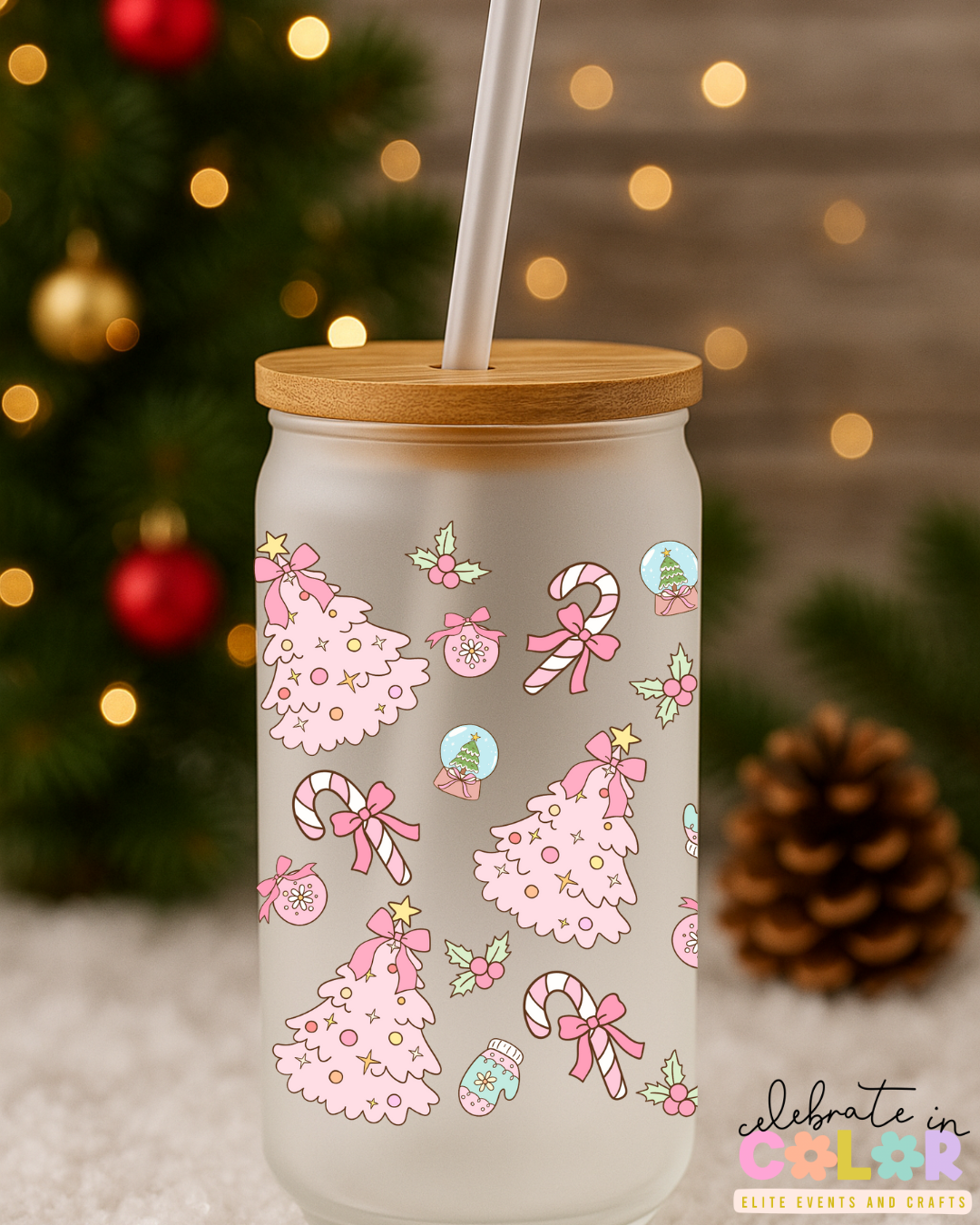 Pink Christmas Tree Libbey Cup, 16oz Frosted Glass, Cute Holiday Drinkware, Candy Cane & Ornament Design, Christmas Gift for Her
