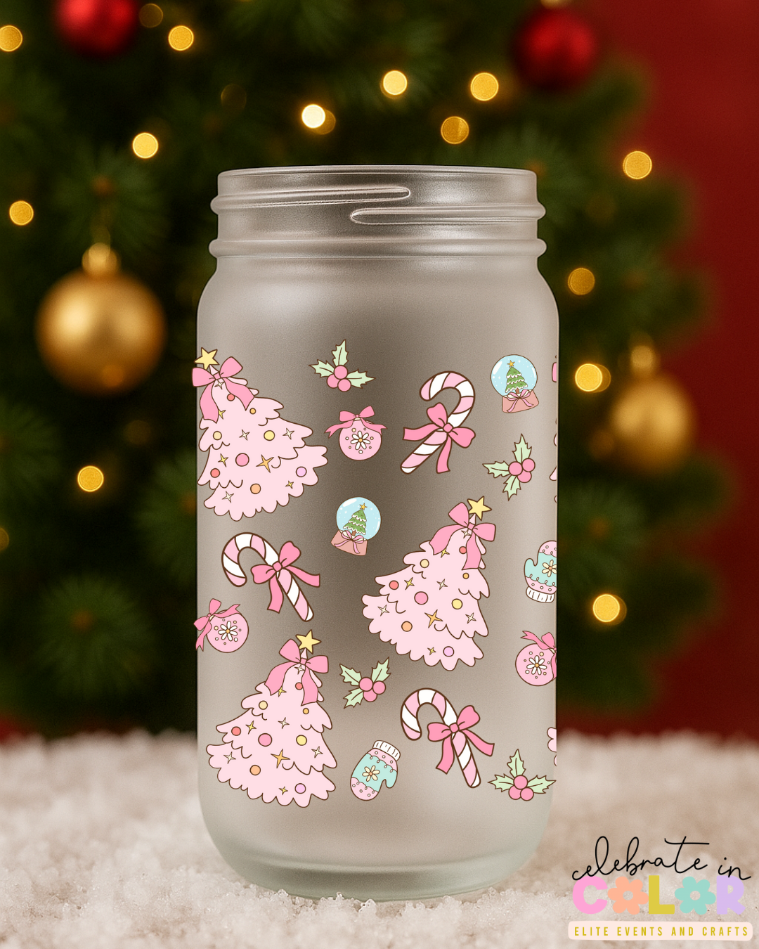 Pink Christmas Tree Libbey Cup, 16oz Frosted Glass, Cute Holiday Drinkware, Candy Cane & Ornament Design, Christmas Gift for Her