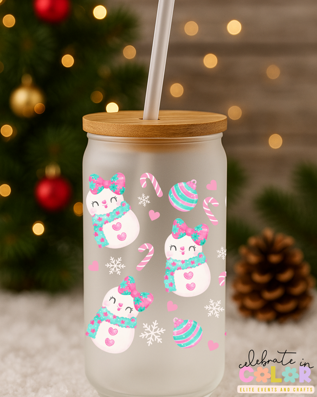 Pink Snowgirl Libbey Cup, 16oz Frosted Glass with Bamboo Lid & Straw, Cute Pastel Christmas Cup, Holiday Gift for Her, Pink Winter Mug