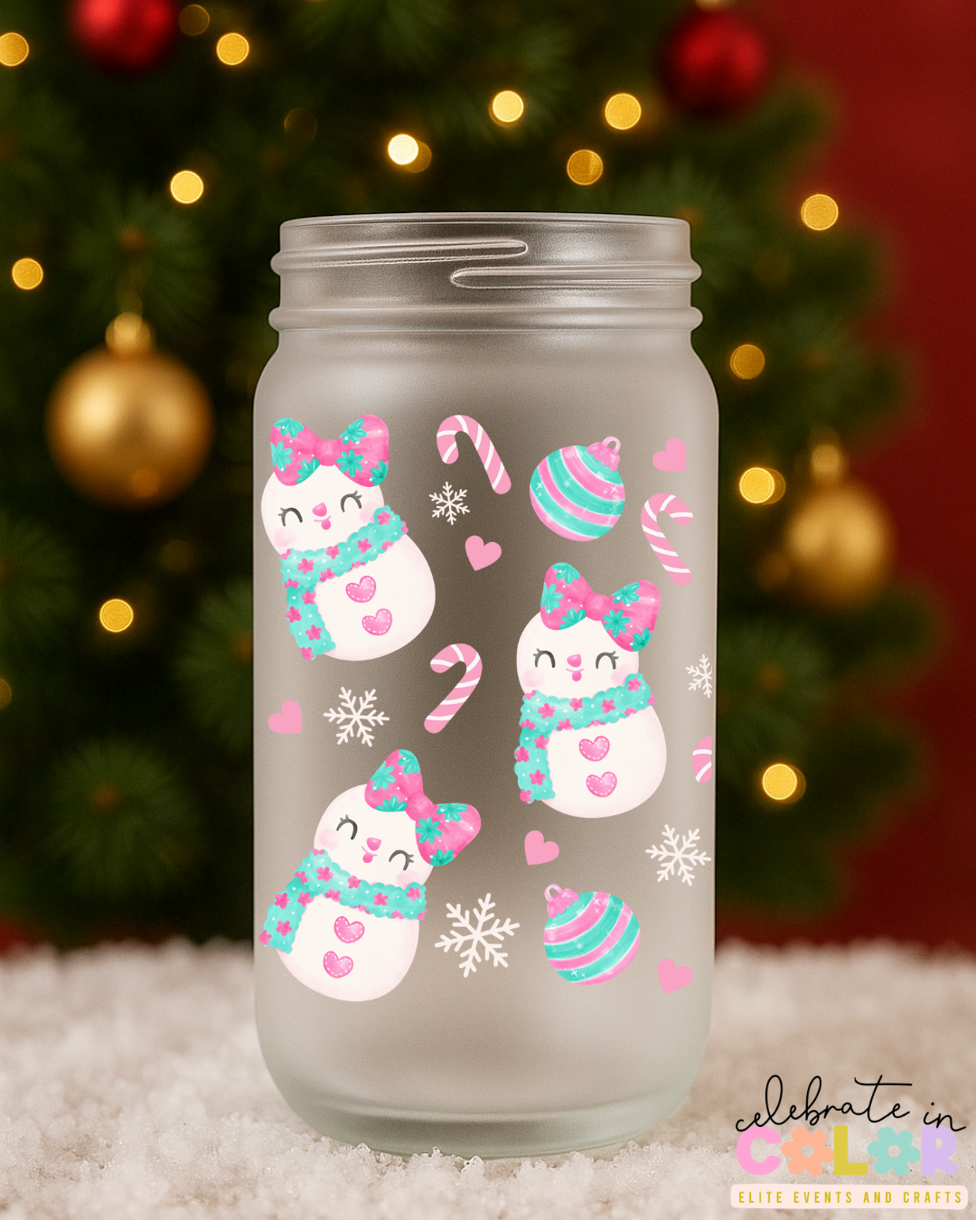 Pink Snowgirl Libbey Cup, 16oz Frosted Glass with Bamboo Lid & Straw, Cute Pastel Christmas Cup, Holiday Gift for Her, Pink Winter Mug
