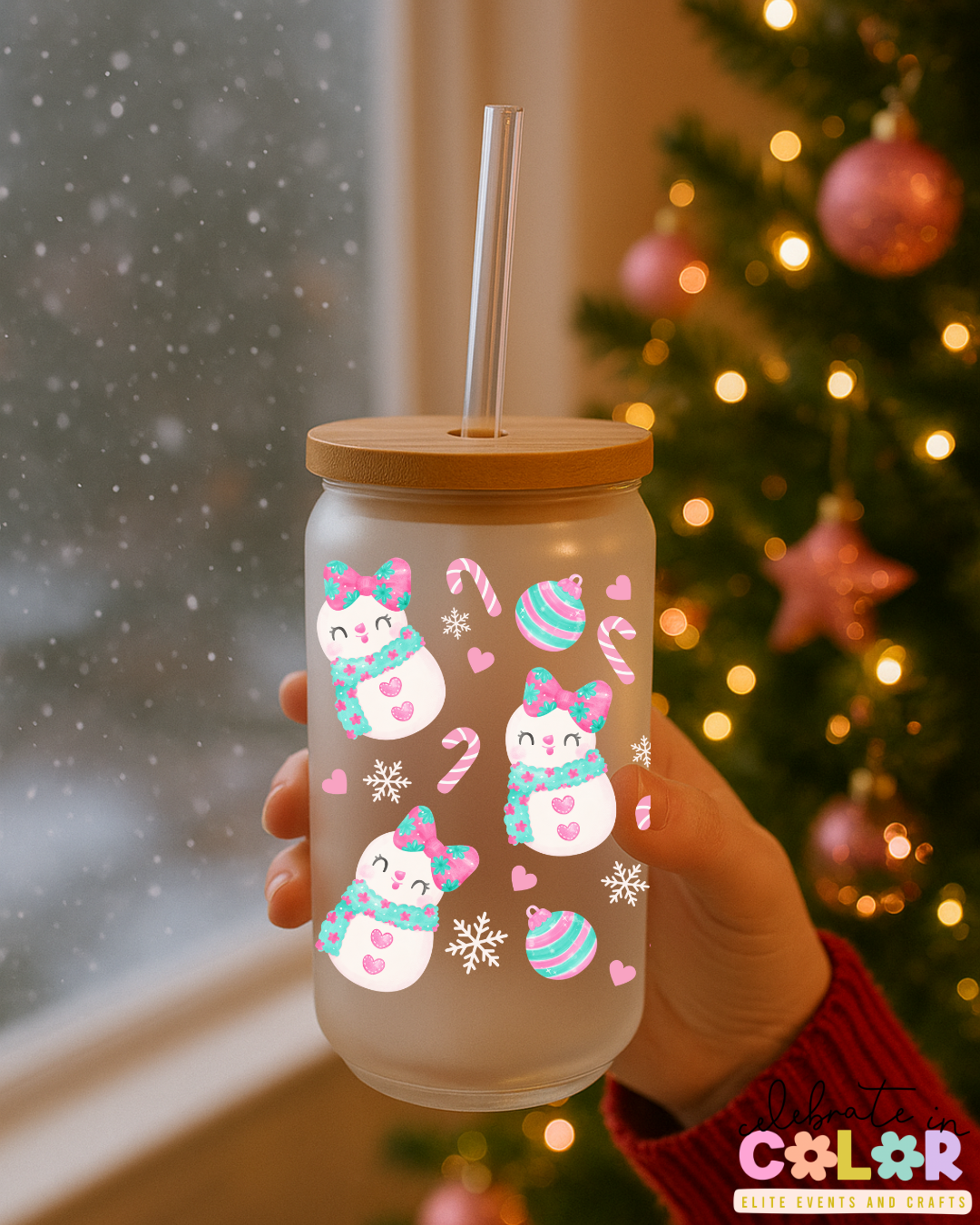 Pink Snowgirl Libbey Cup, 16oz Frosted Glass with Bamboo Lid & Straw, Cute Pastel Christmas Cup, Holiday Gift for Her, Pink Winter Mug