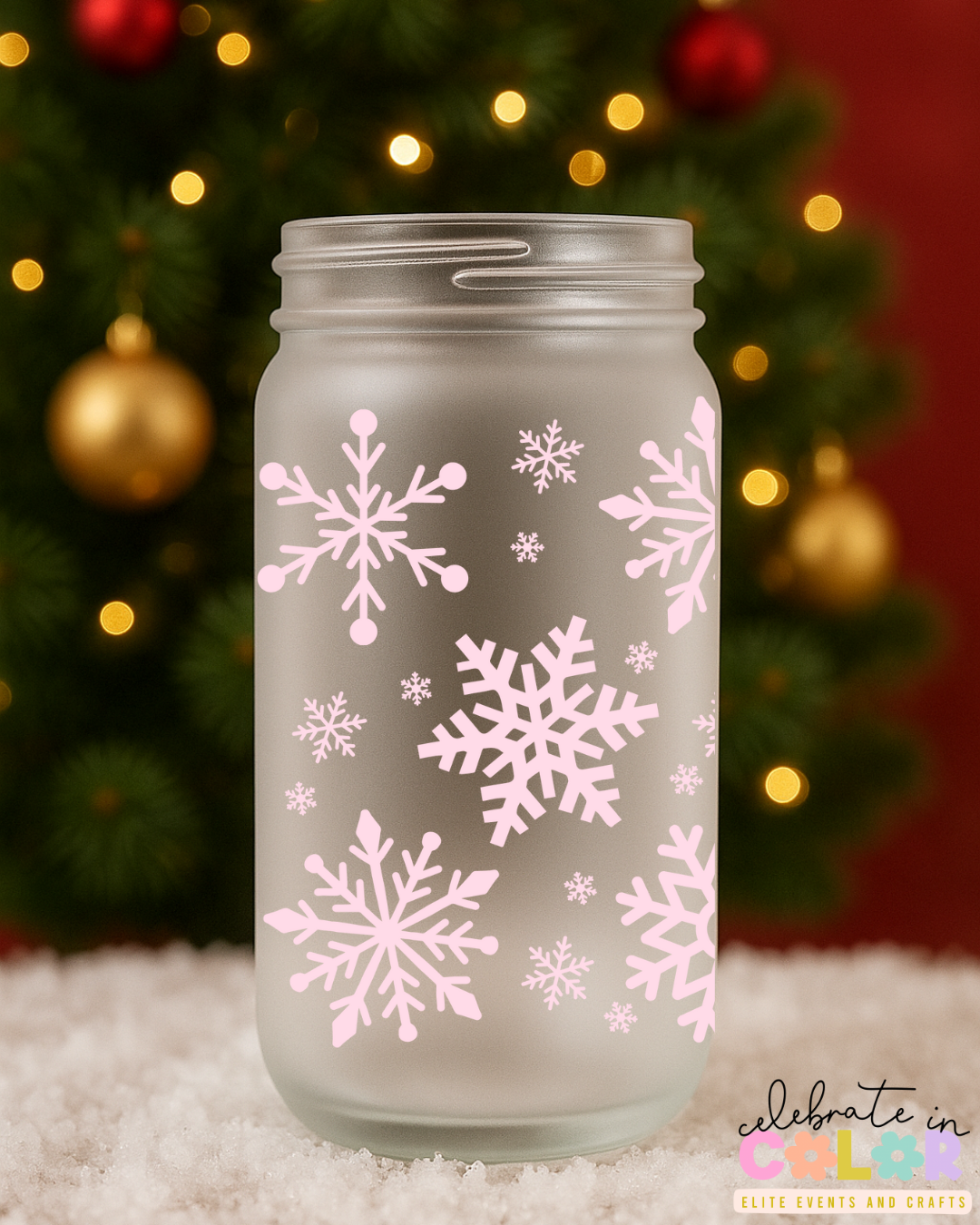 Pink Snowflake Libbey Cup, 16oz Frosted Glass with Bamboo Lid & Straw, Cute Winter Cup, Holiday Drinkware, Aesthetic Christmas Gift for Her