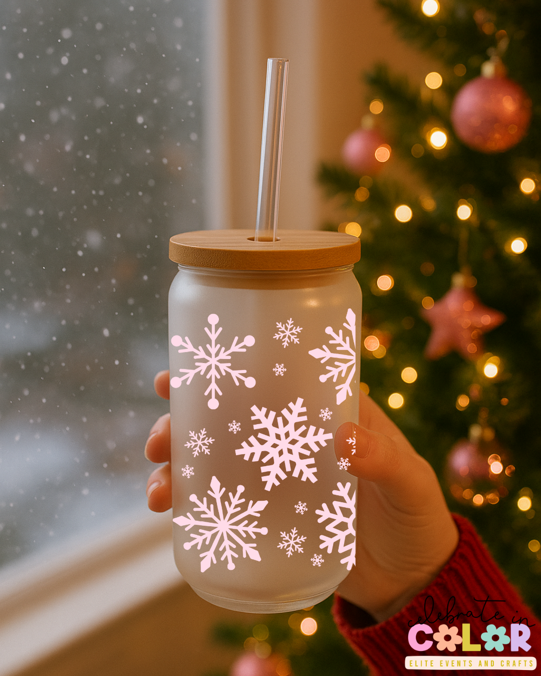 Pink Snowflake Libbey Cup, 16oz Frosted Glass with Bamboo Lid & Straw, Cute Winter Cup, Holiday Drinkware, Aesthetic Christmas Gift for Her