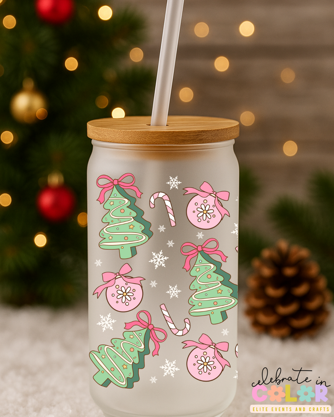 Pastel Christmas Tree Libbey Cup, 16oz Frosted Glass with Bamboo Lid & Straw, Cute Holiday Cup, Pink & Green Christmas Gift for Her
