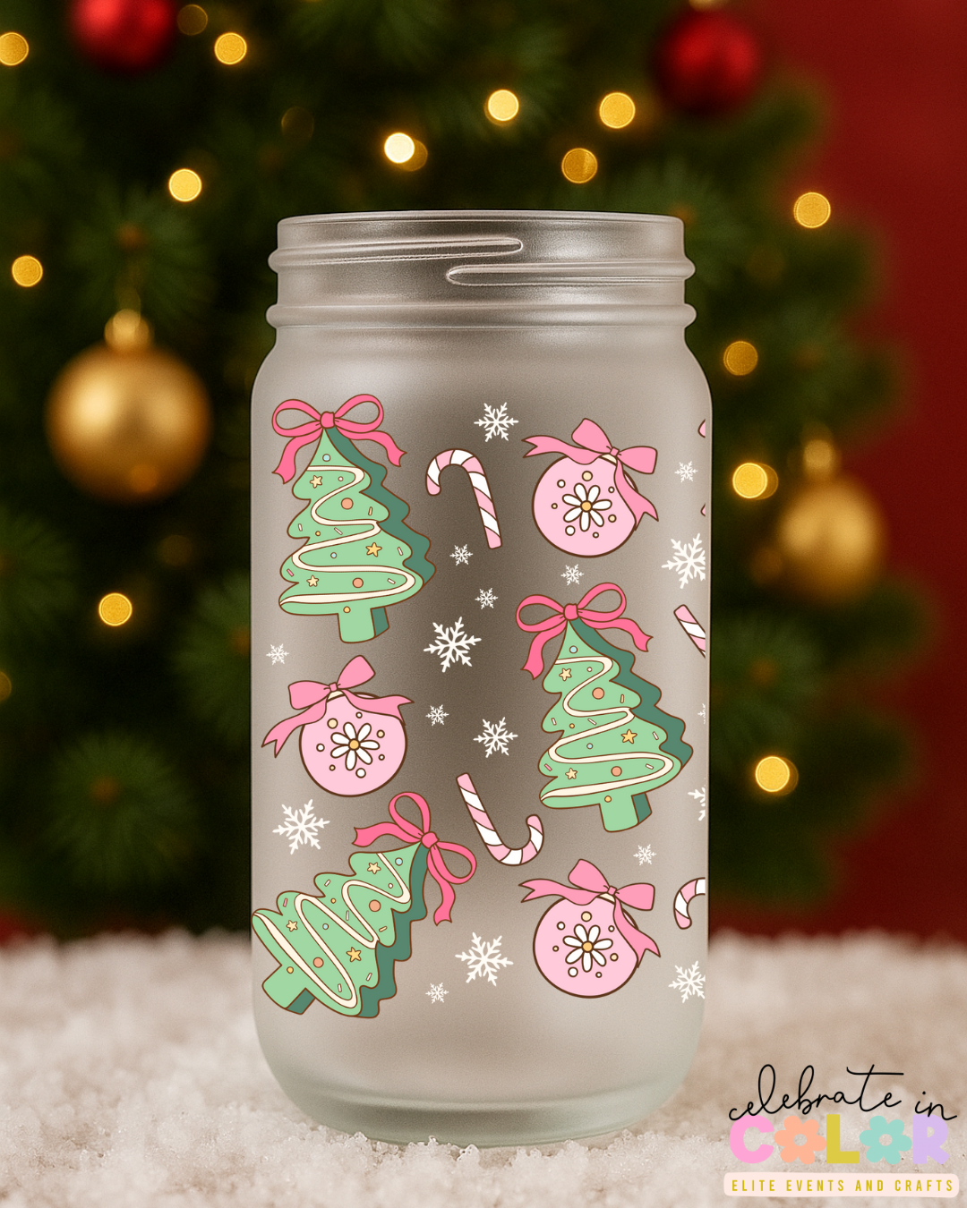 Pastel Christmas Tree Libbey Cup, 16oz Frosted Glass with Bamboo Lid & Straw, Cute Holiday Cup, Pink & Green Christmas Gift for Her