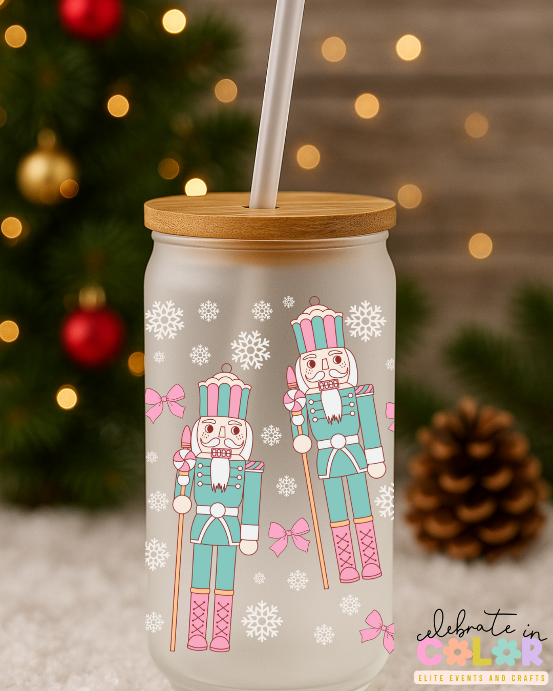 Pastel Nutcracker Libbey Cup, 16oz Frosted Glass with Bamboo Lid & Straw, Cute Christmas Cup, Holiday Gift for Her, Ballet Inspired Drinkware