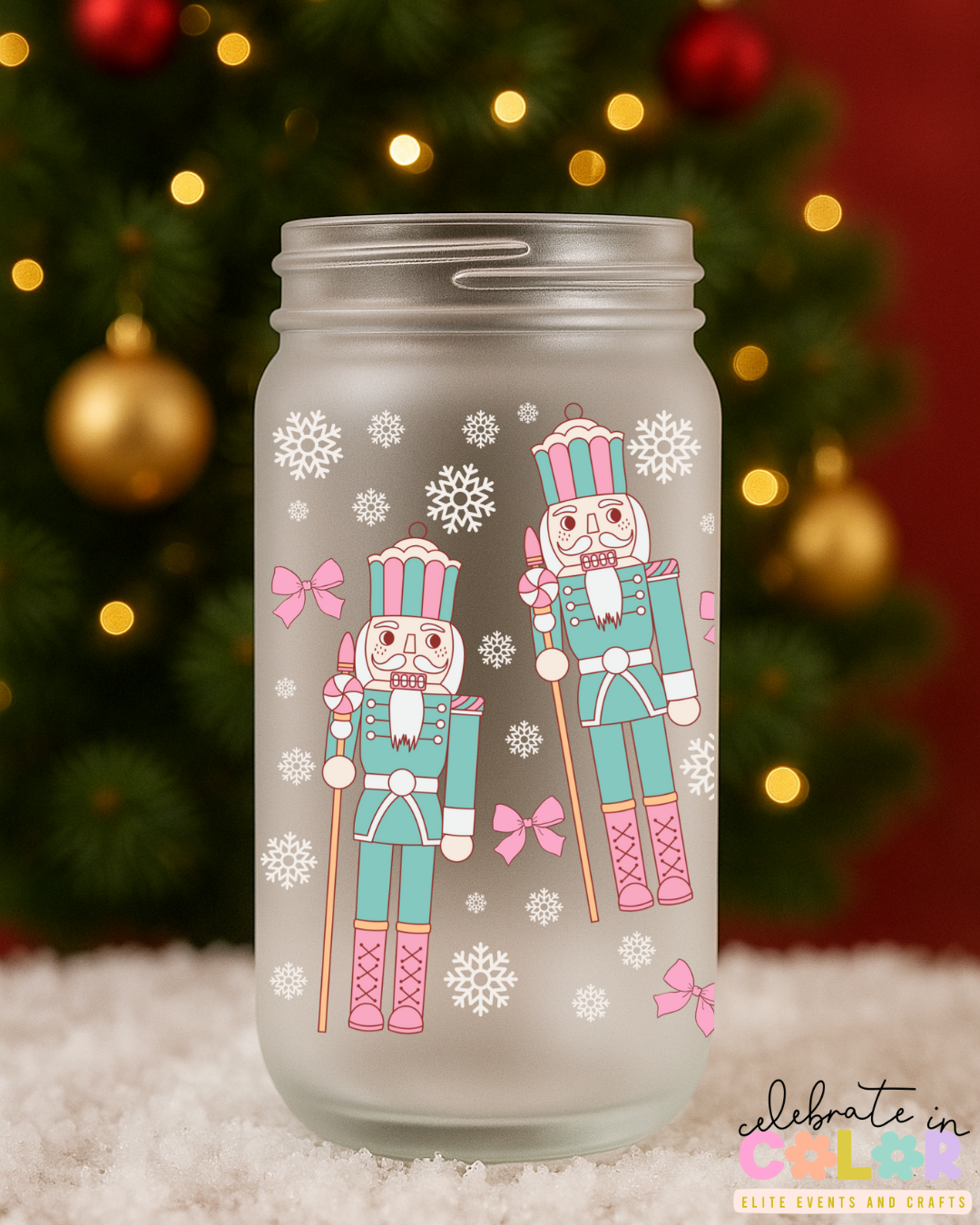 Pastel Nutcracker Libbey Cup, 16oz Frosted Glass with Bamboo Lid & Straw, Cute Christmas Cup, Holiday Gift for Her, Ballet Inspired Drinkware