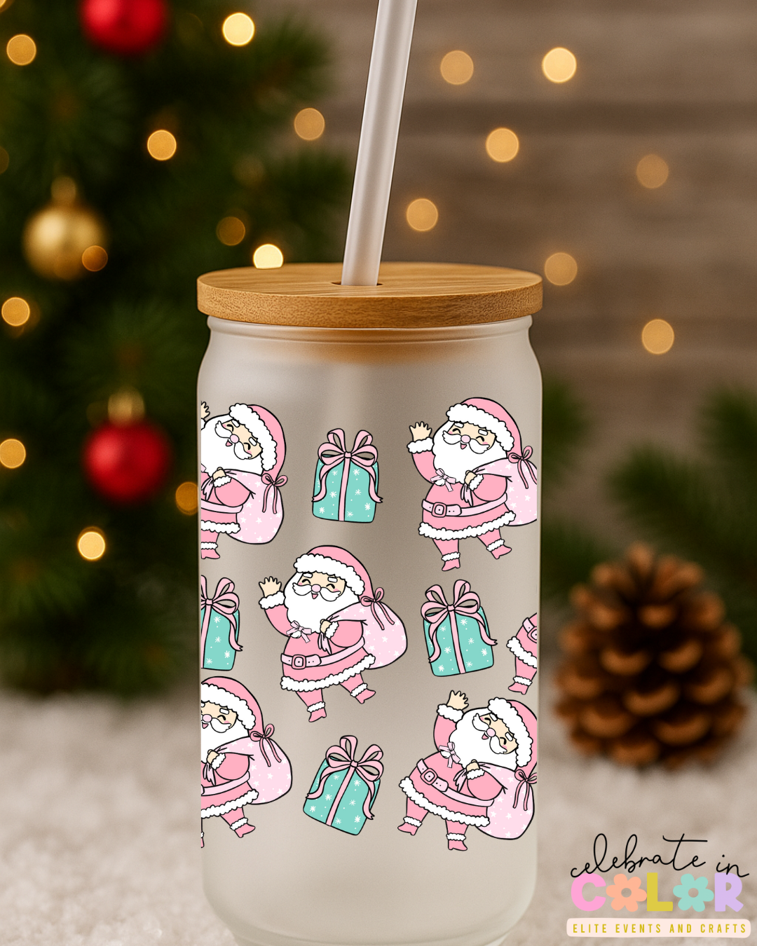Pink Santa Frosted Glass Cup, Christmas Glass Can with Bamboo Lid & Straw, Retro Holiday Gift for Her, Cute Christmas Drinkware