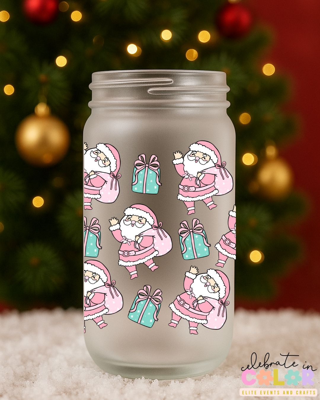 Pink Santa Frosted Glass Cup, Christmas Glass Can with Bamboo Lid & Straw, Retro Holiday Gift for Her, Cute Christmas Drinkware