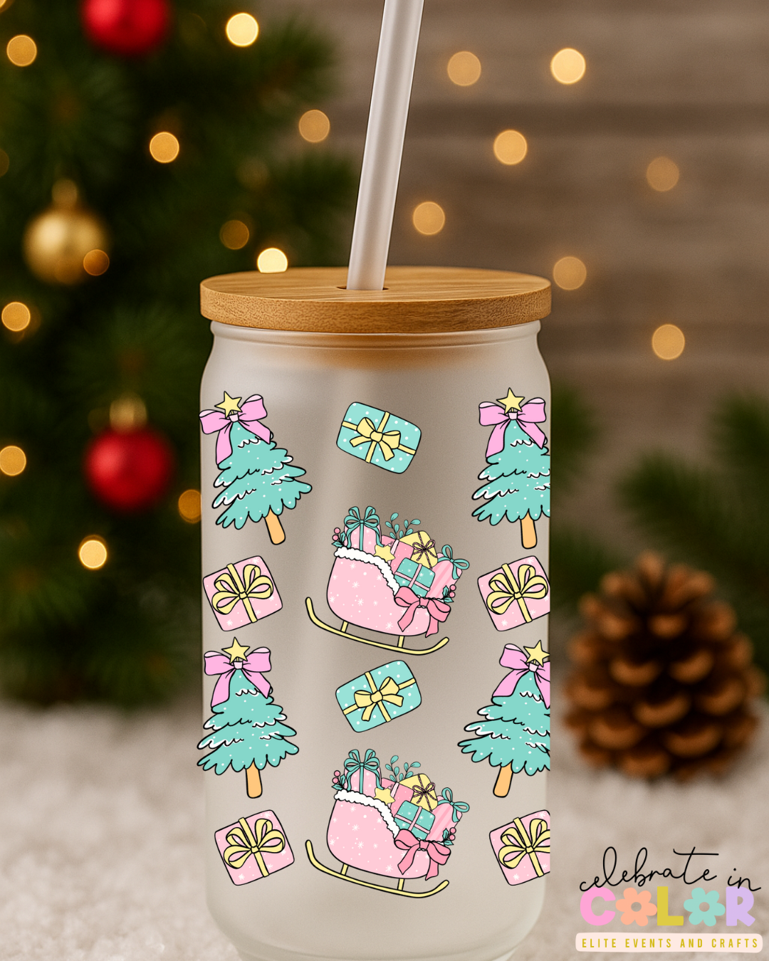 Pastel Christmas Frosted Glass Cup, Sleigh & Tree Glass Can with Bamboo Lid & Straw, Holiday Gift for Her, Cute Winter Drinkware