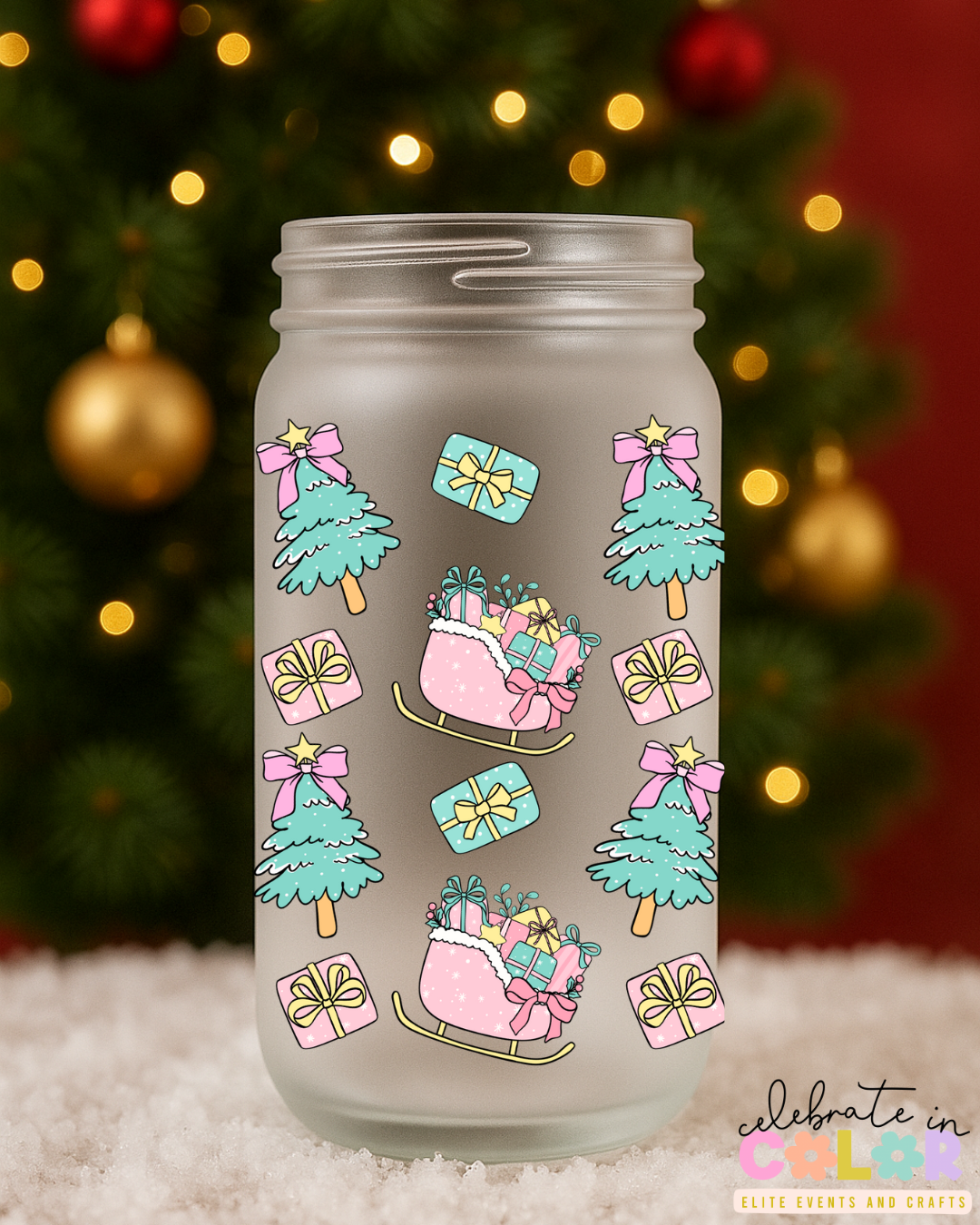 Pastel Christmas Frosted Glass Cup, Sleigh & Tree Glass Can with Bamboo Lid & Straw, Holiday Gift for Her, Cute Winter Drinkware