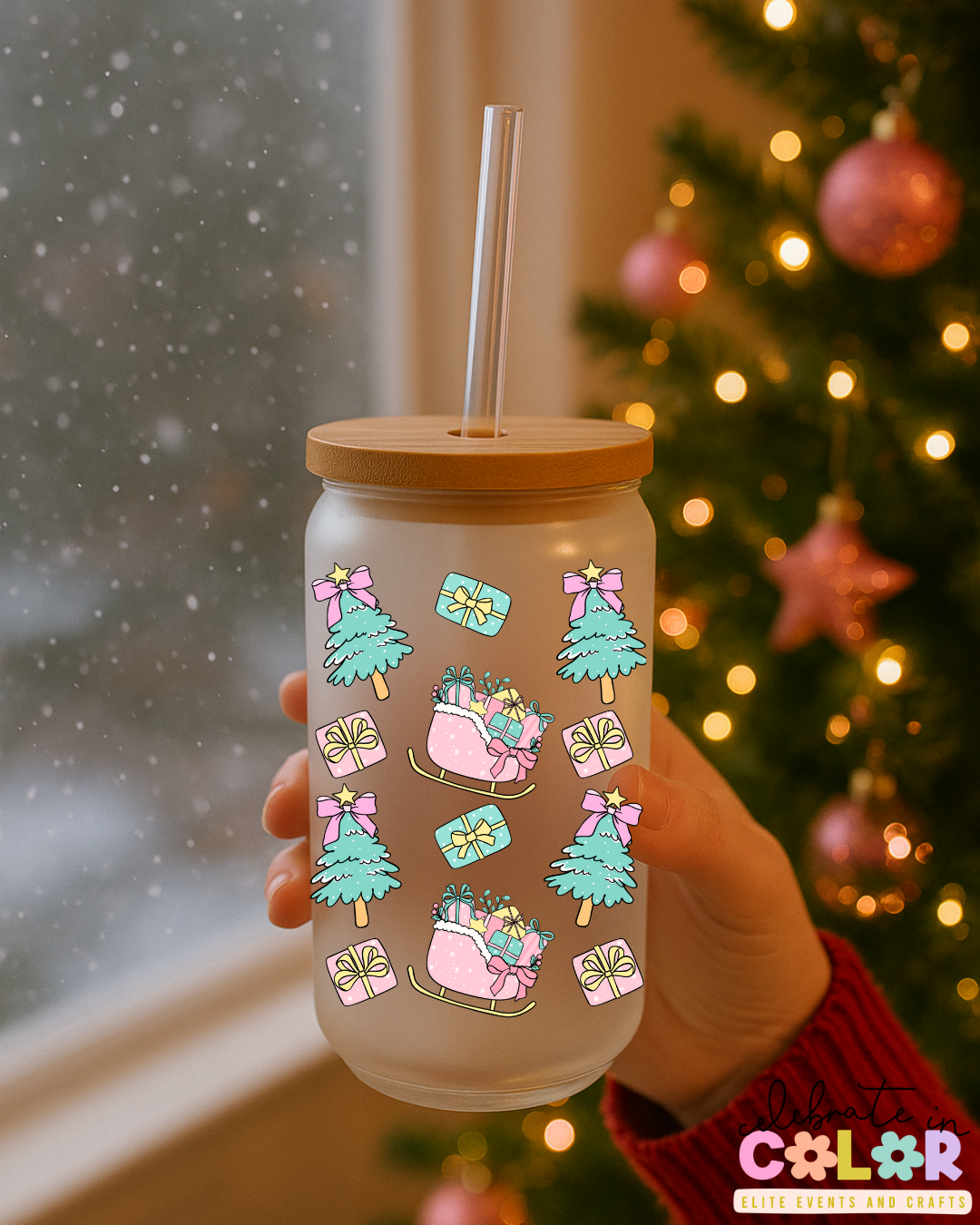 Pastel Christmas Frosted Glass Cup, Sleigh & Tree Glass Can with Bamboo Lid & Straw, Holiday Gift for Her, Cute Winter Drinkware