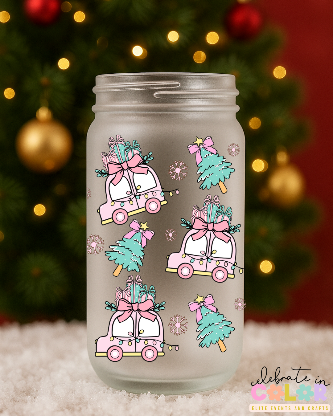 Pink Christmas Car Frosted Glass Cup, Holiday Glass Can with Bamboo Lid & Straw, Cute Pastel Christmas Drinkware Gift for Her