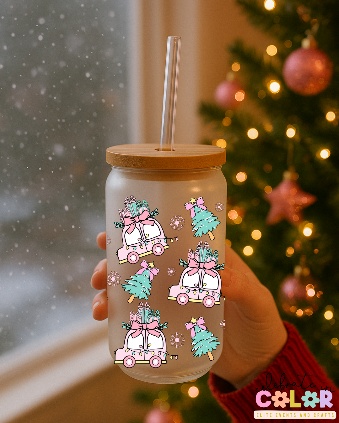 Pink Christmas Car Frosted Glass Cup, Holiday Glass Can with Bamboo Lid & Straw, Cute Pastel Christmas Drinkware Gift for Her