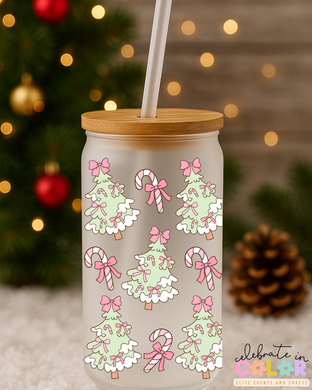 Pastel Christmas Tree Frosted Glass Cup, Candy Cane Glass Can with Bamboo Lid & Straw, Cute Holiday Drinkware Gift for Her