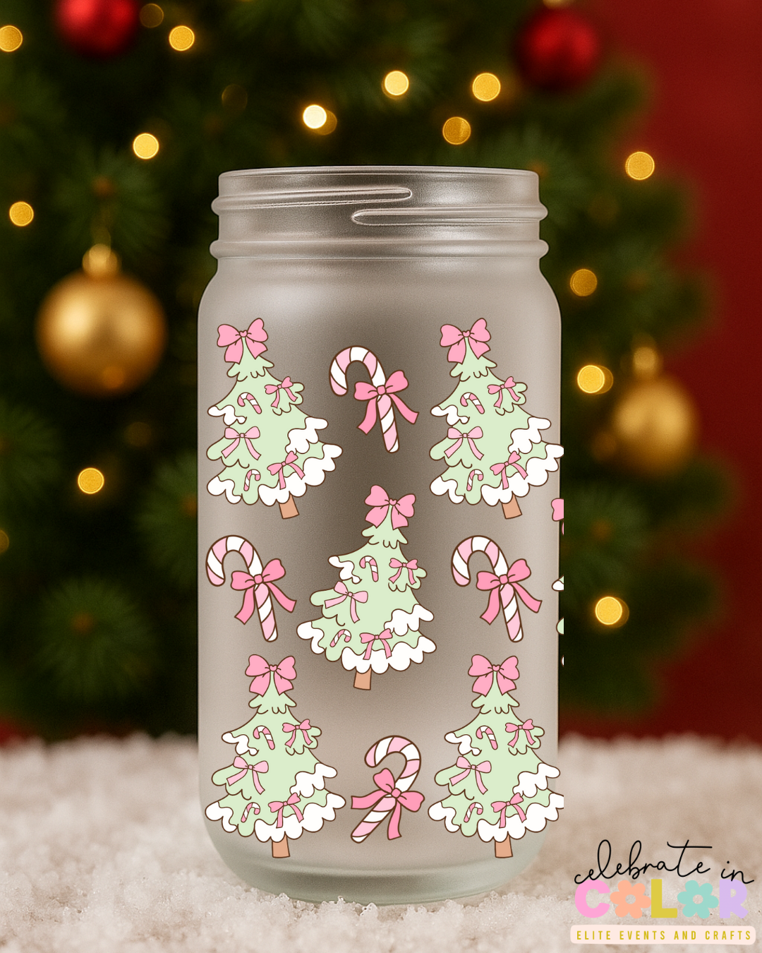 Pastel Christmas Tree Frosted Glass Cup, Candy Cane Glass Can with Bamboo Lid & Straw, Cute Holiday Drinkware Gift for Her