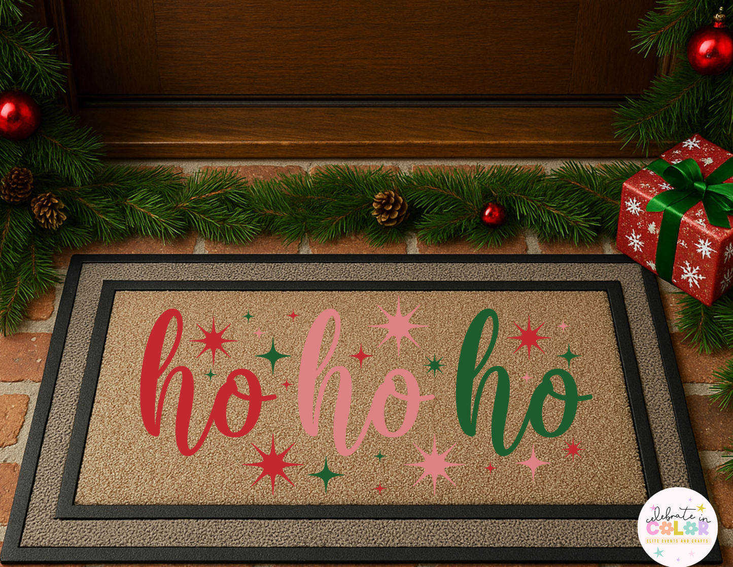 Ho Ho Ho Christmas Doormat, Retro Holiday Door Mat, Pink Red Green Xmas Entry Rug, Cute Christmas Decor Gift, Holiday Porch Mat
