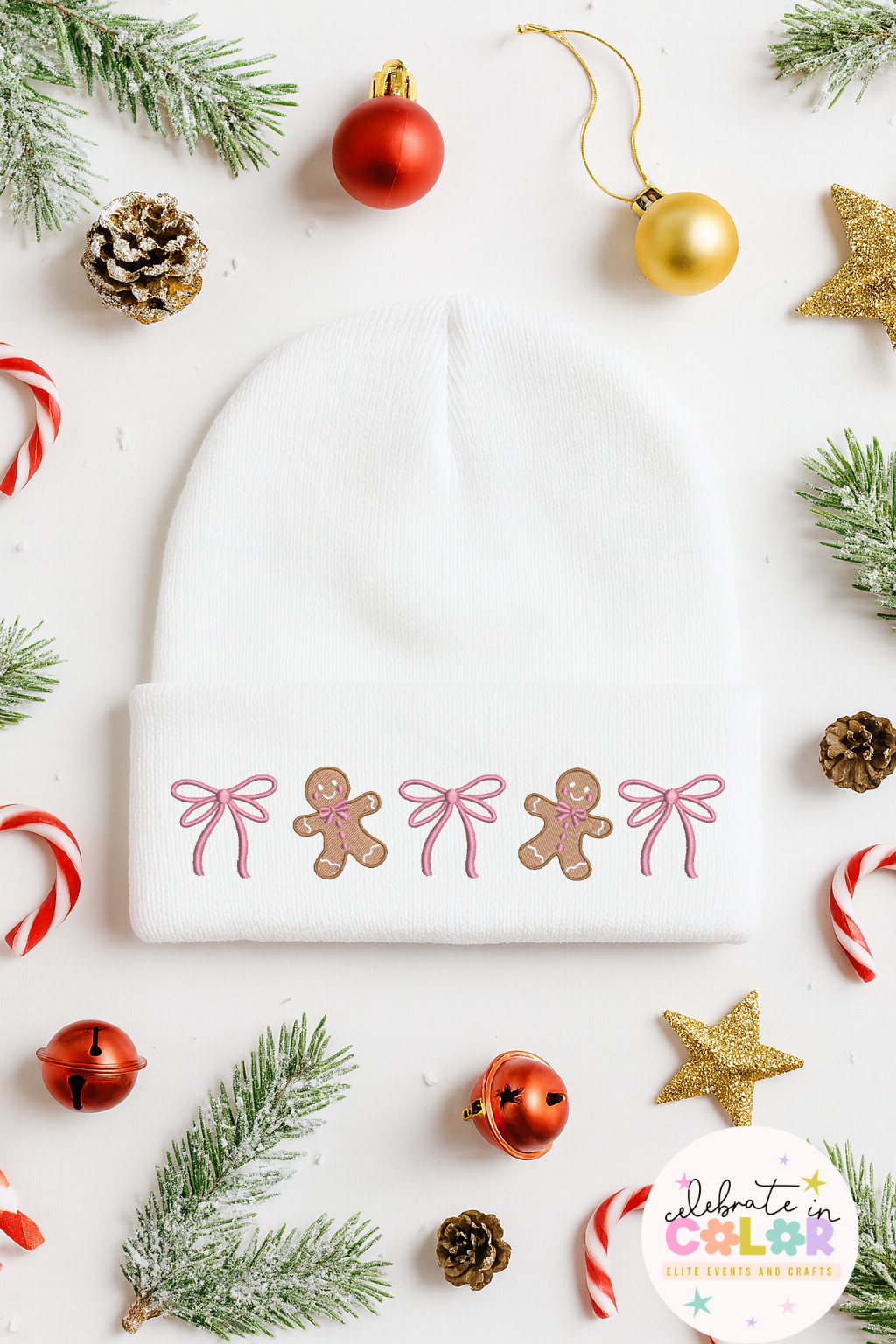 Gingerbread Bow Christmas Beanie, DTF Holiday Hat, Cute Winter Beanie, Christmas Gift for Her, Cozy Holiday Accessory