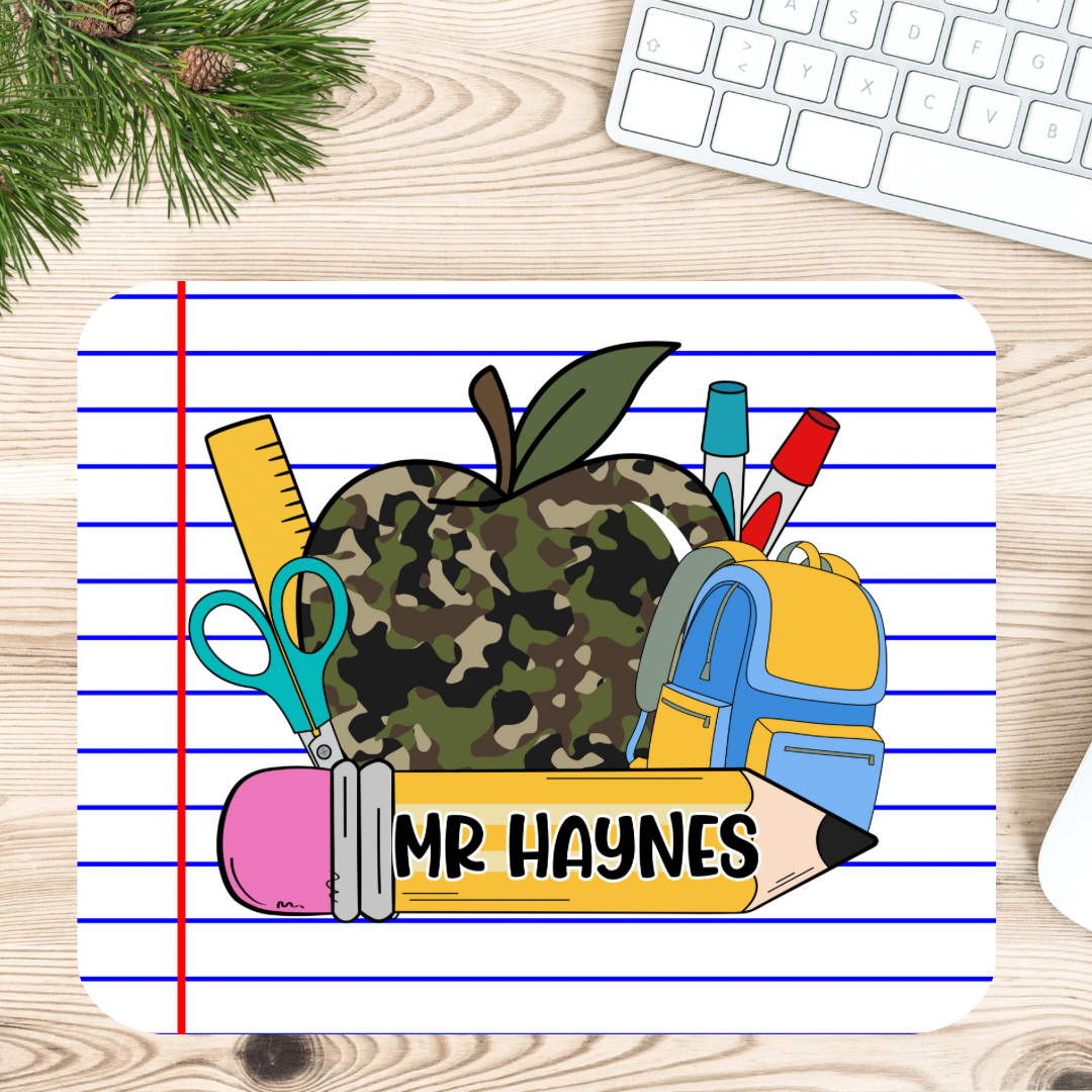 Personalized Teacher Mouse Pad – Camo or Pink Apple Design with School Supplies