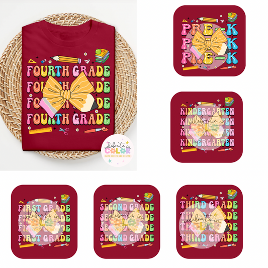 Back to School Bow Shirt, Cute Grade Tee for Girls, First Day School Shirt with Bow, Pre-K to 4th Grade Shirt, School Outfit Girl
