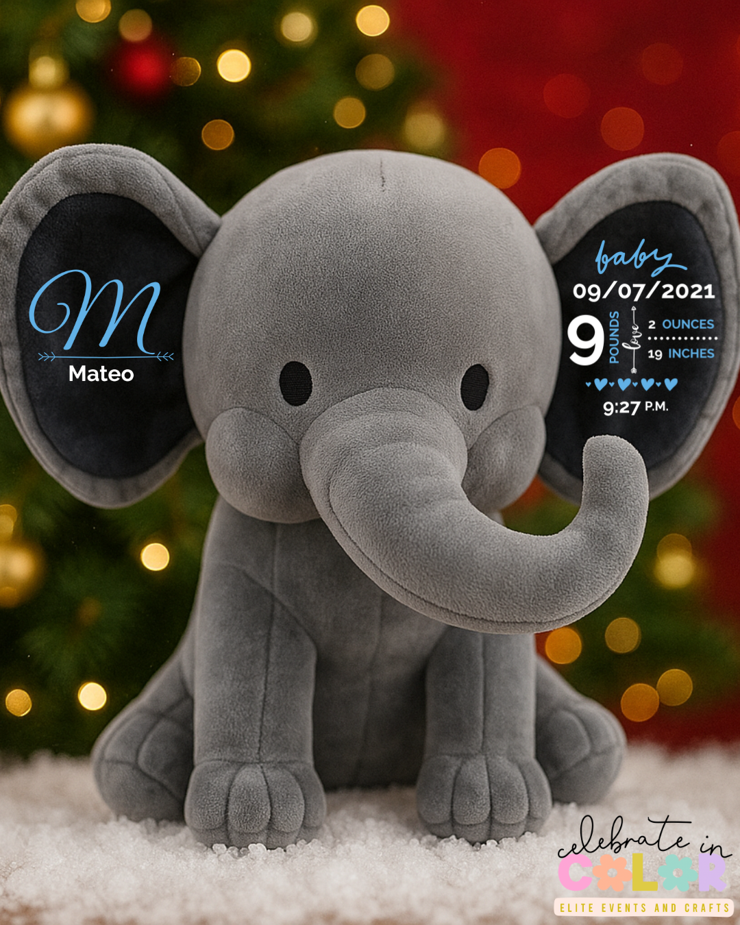 Personalized Baby Elephant Plush, Custom Birth Stat Stuffed Animal, Newborn Keepsake Gift, Baby Shower Present for Girl or Boy