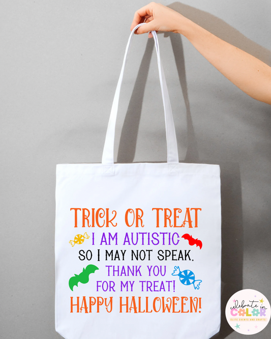 Trick or Treat I Am Autistic Tote Bag, Halloween Nonverbal Autism Awareness Bag, Sensory-Friendly Inclusive Treat Bag for Kids
