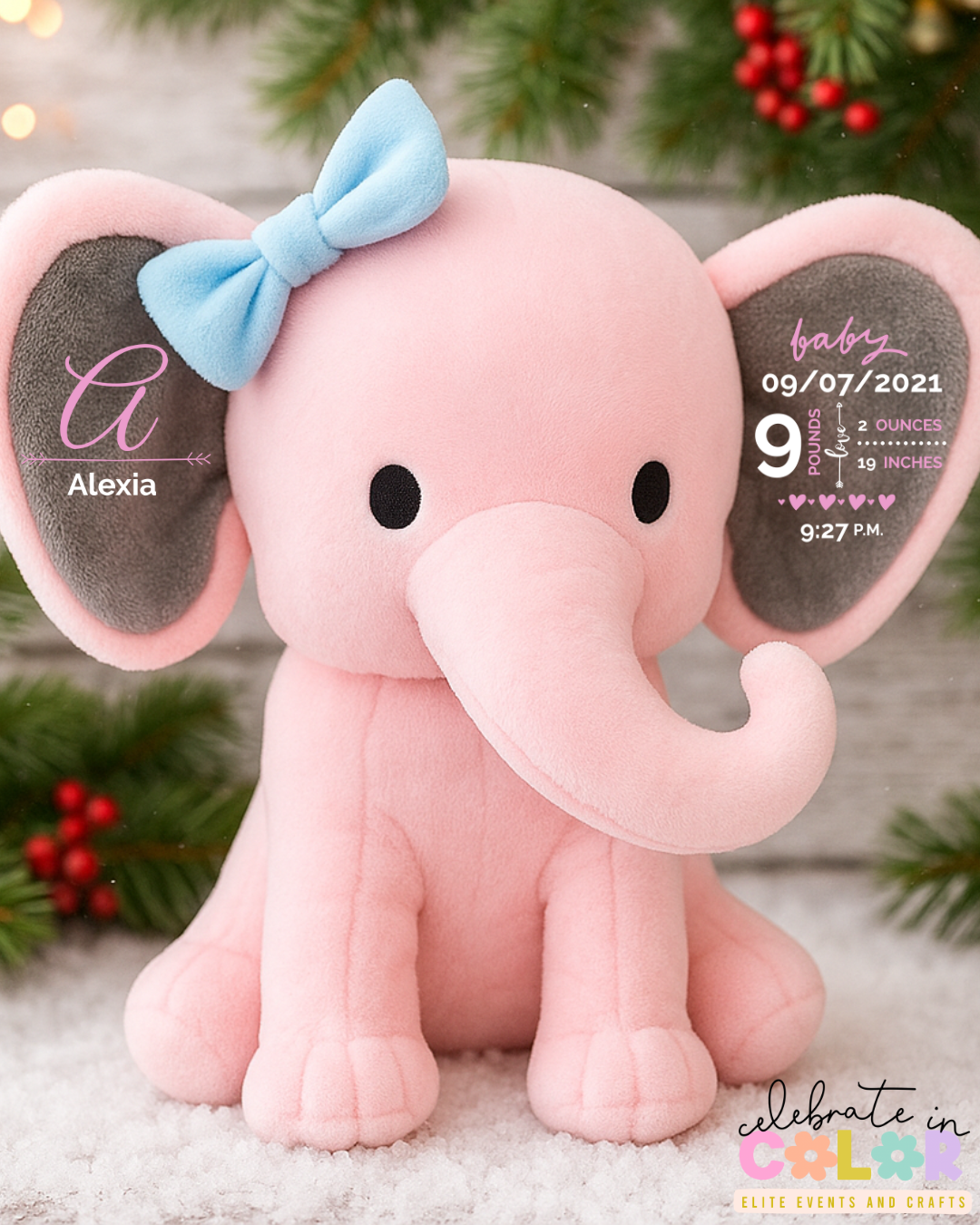 Personalized Baby Elephant Plush, Custom Birth Stat Stuffed Animal, Newborn Keepsake Gift, Baby Shower Present for Girl or Boy