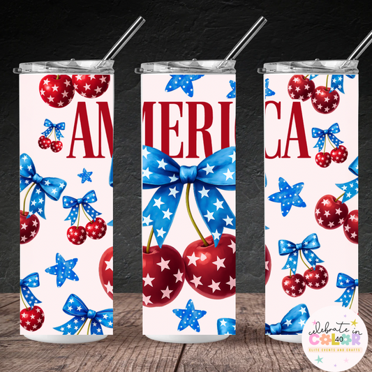 Star-Spangled Cherry Tumbler – 20oz Patriotic Iced Coffee Cup with Straw