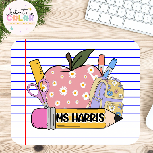 Personalized Teacher Mouse Pad – Camo or Pink Apple Design with School Supplies
