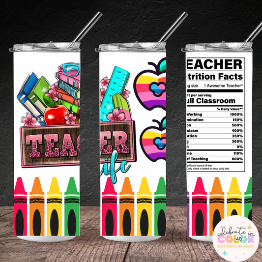 Teacher Life Tumbler – 20oz Skinny Insulated Cup for Educators