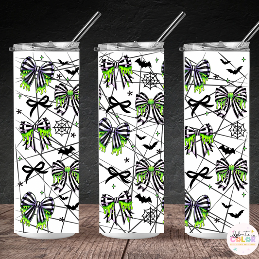 Spooky Striped Bow Tumbler, 20oz Skinny Cup with Straw, Gothic Spiderweb Drinkware, Halloween Gift for Her