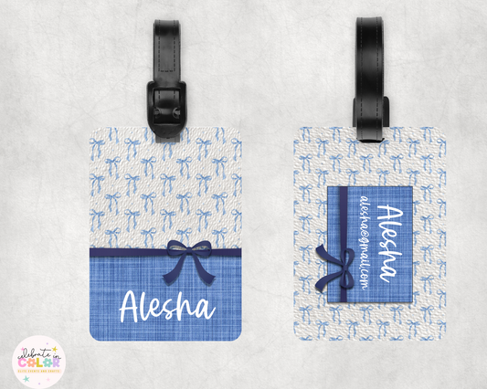 Blue Bow Bag Tag, Cute Luggage Tag with Black Strap, Preppy Backpack Accessory, Durable Travel Bag ID Tag, Gift for Kids & Travelers