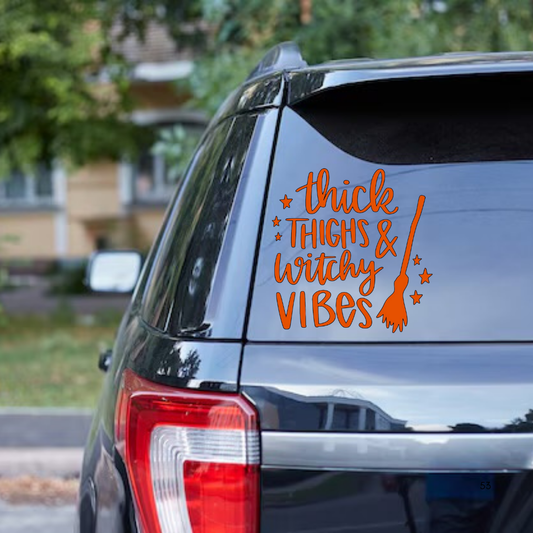 Thick Thighs and Witchy Vibes Decal, Funny Witch Vinyl Sticker, Halloween Car Decal, Curvy Girl Sticker, Spooky Vibes Window Decal