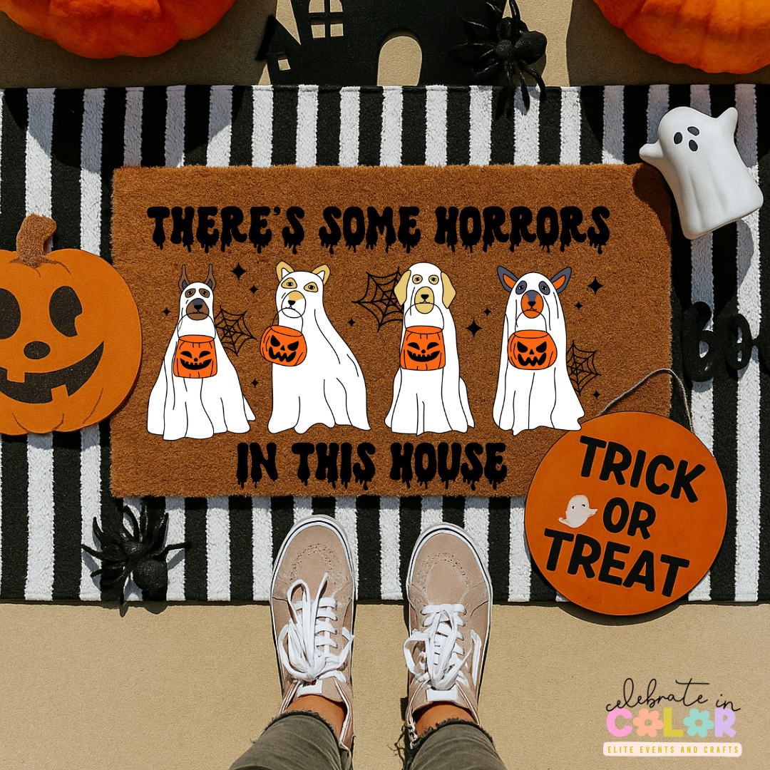 There’s Some Horrors In This House Doormat, Funny Halloween Dog Welcome Mat, Spooky Porch Decor, Ghost Dog Trick or Treat Rug